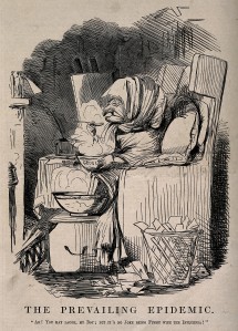 Mr Punch in front of a fire eating gruel: ‘It’s no joke being funny with the influenza.’  Punch, circa 1891. 
